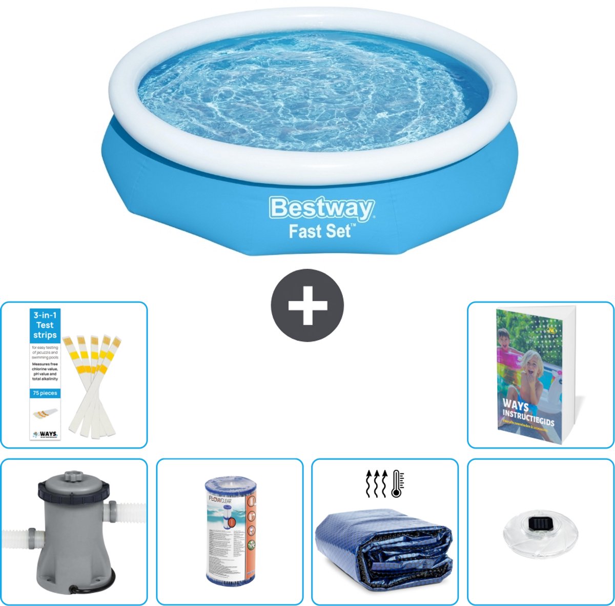 Bestway Rond Opblaasbaar Fast Set Zwembad - 305 x 66 cm - Blauw - Inclusief Pomp - Filter - Solarzeil - Verlichting - 7-delig