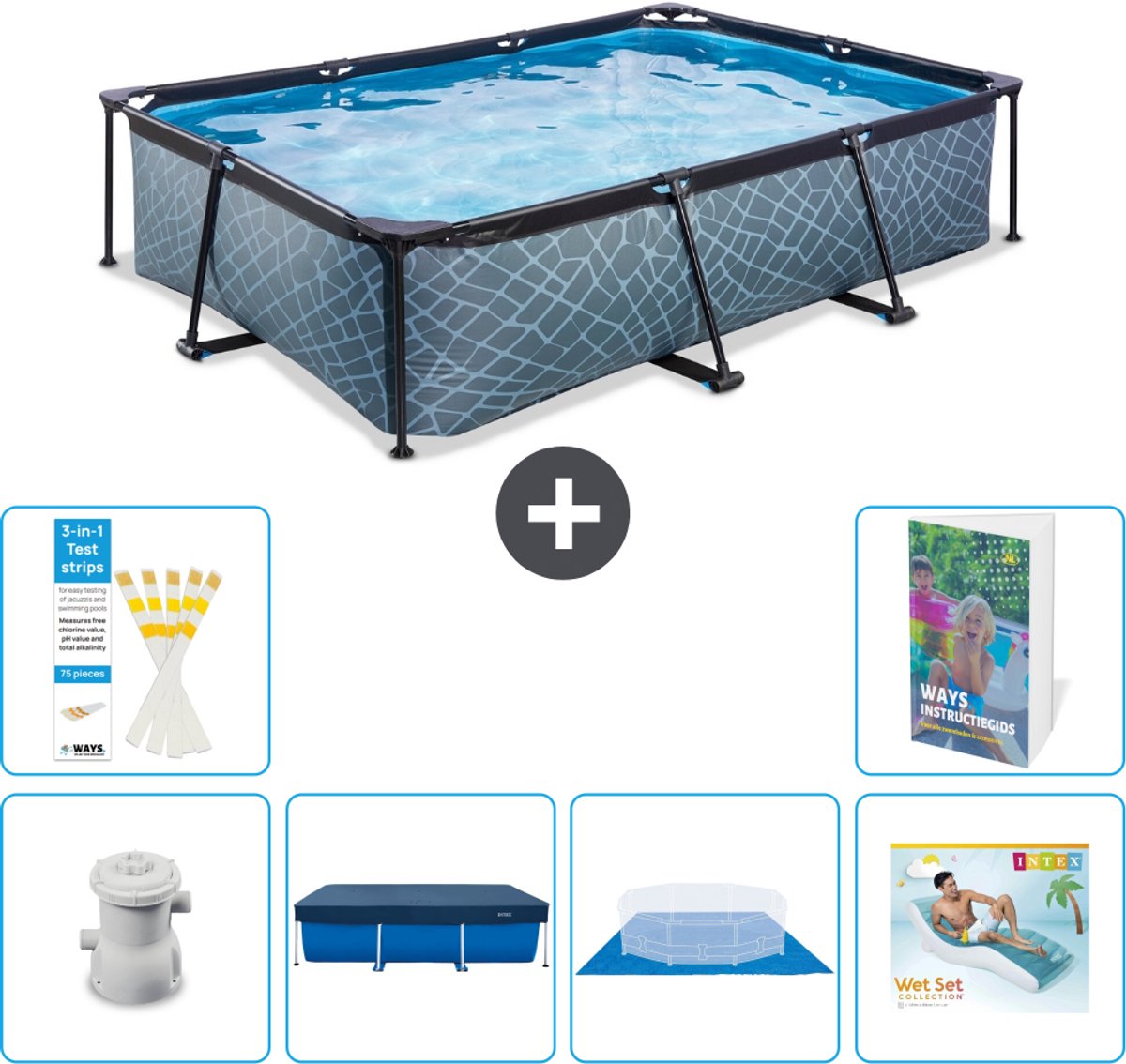 EXIT Rechthoekig Stone Frame Zwembad - 300 x 200 x 65 cm - Inclusief Pomp - Afdekzeil - Grondzeil - Loungebed - 7-delig