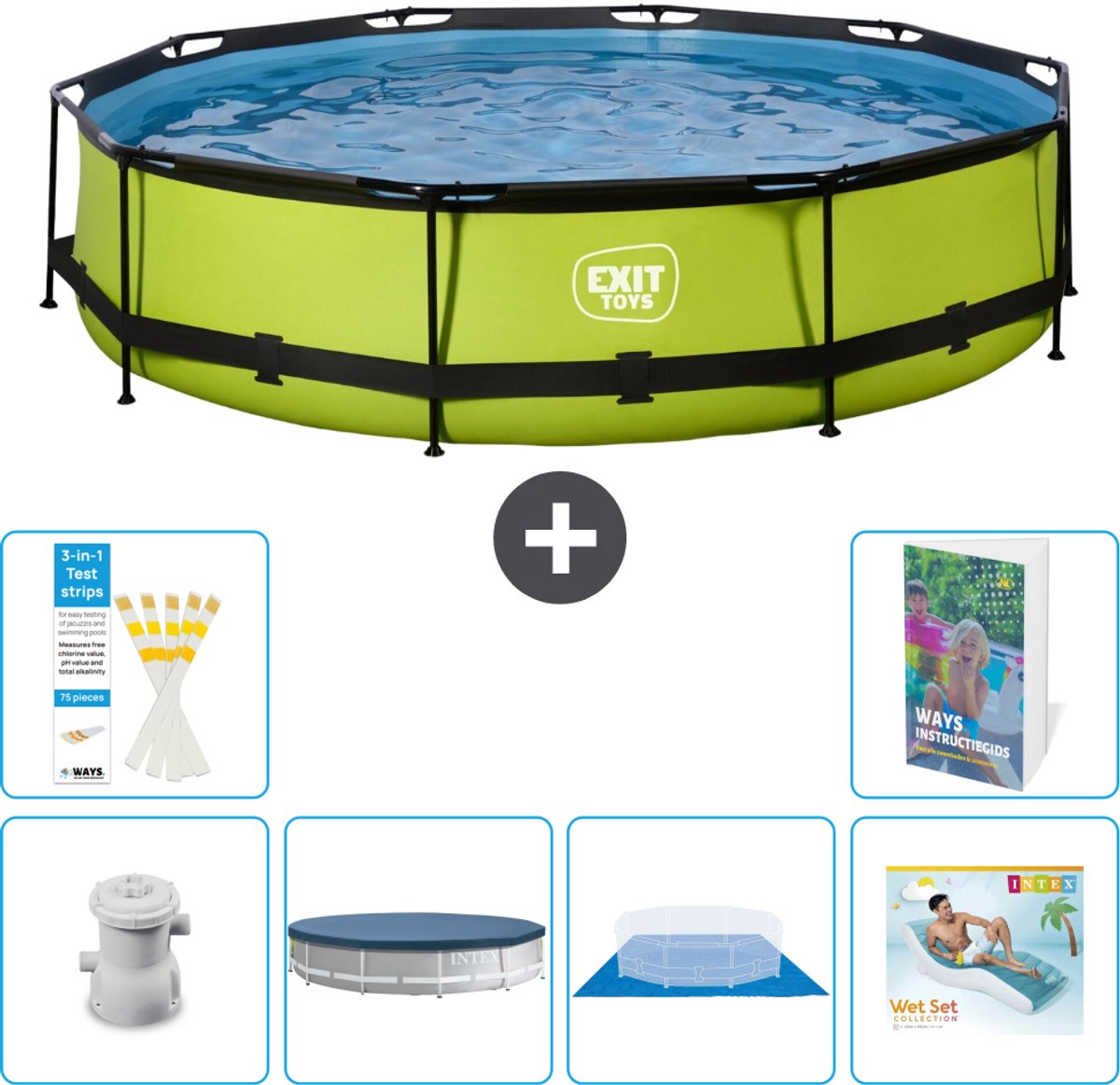 EXIT Rond Lime Frame Zwembad - 360 x 76 cm - Inclusief Pomp - Afdekzeil - Grondzeil - Loungebed - 7-delig