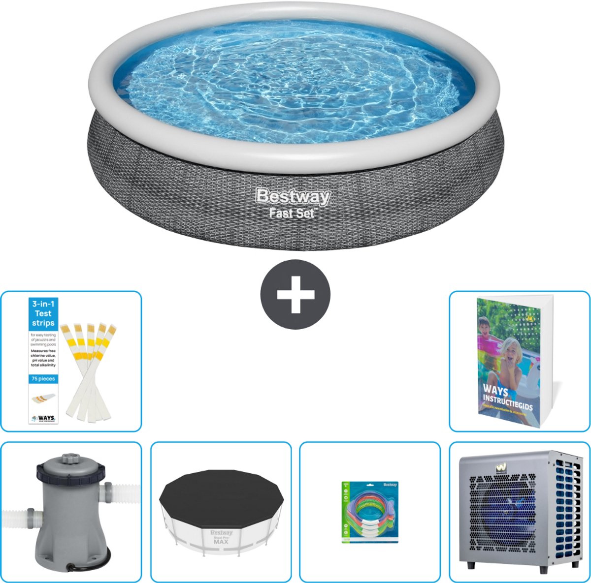 Bestway Rond Opblaasbaar Fast Set Zwembad - Rotanprint - 366 x 76 cm - Inclusief Pomp - Afdekzeil - Speelgoed - Warmtepomp - 7-delig