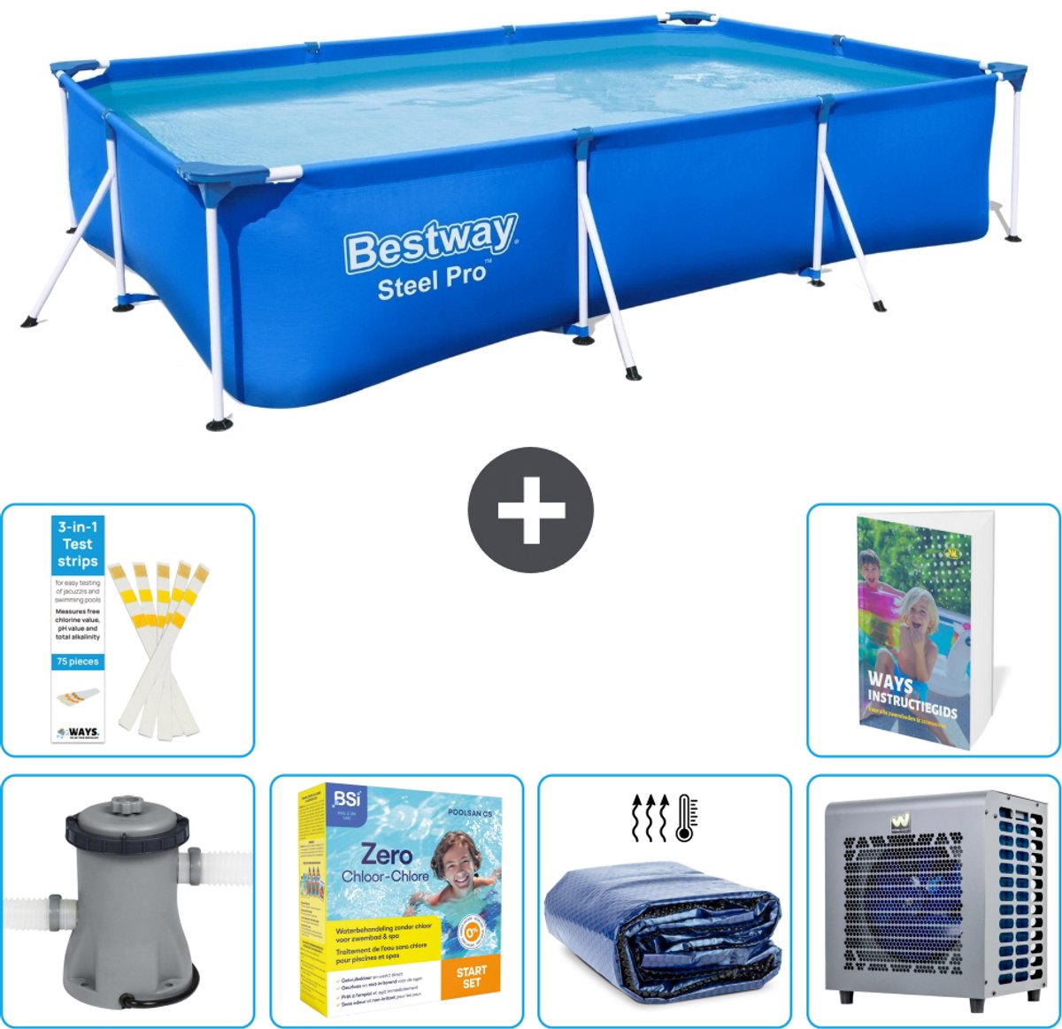 Bestway Rechthoekig Steel Pro Zwembad - 300 x 201 x 66 cm - Blauw - Inclusief Pomp - Onderhoudspakket - Solarzeil - Warmtepomp - 7-delig