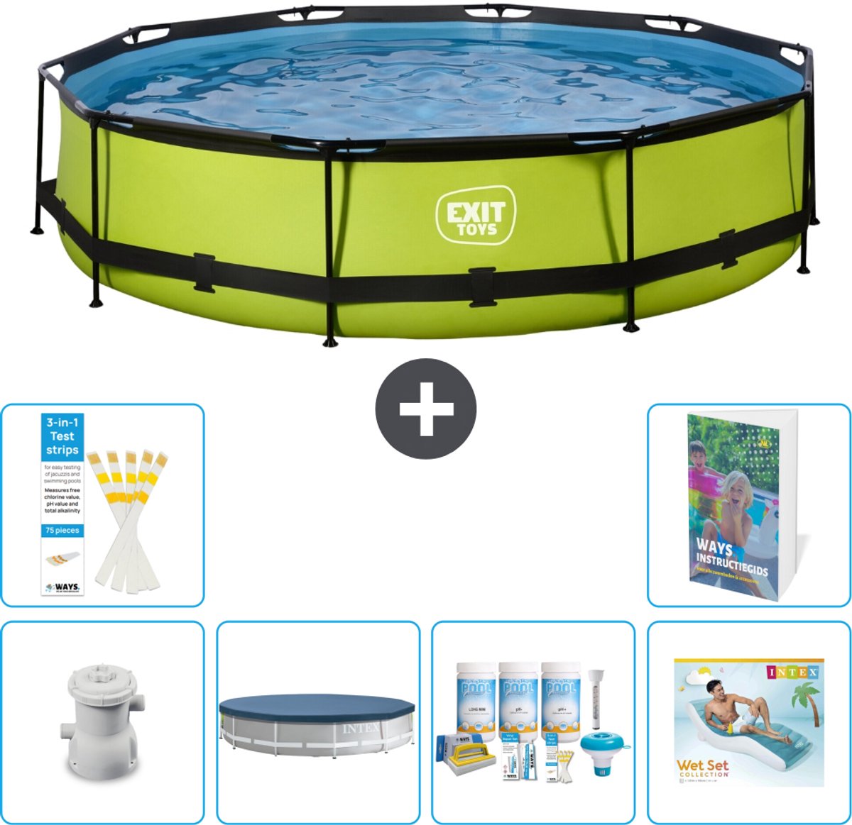 EXIT Rond Lime Frame Zwembad - 360 x 76 cm - Inclusief Pomp - Afdekzeil - Onderhoudspakket - Loungebed - 7-delig