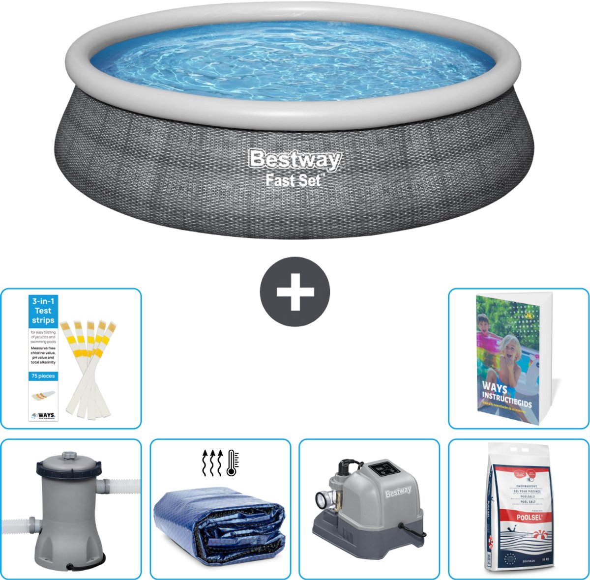 Bestway Rond Opblaasbaar Fast Set Zwembad - Rotanprint - 457 x 84 cm - Inclusief Pomp - Solarzeil - Zoutwatersysteem - Zwembadzout - 7-delig
