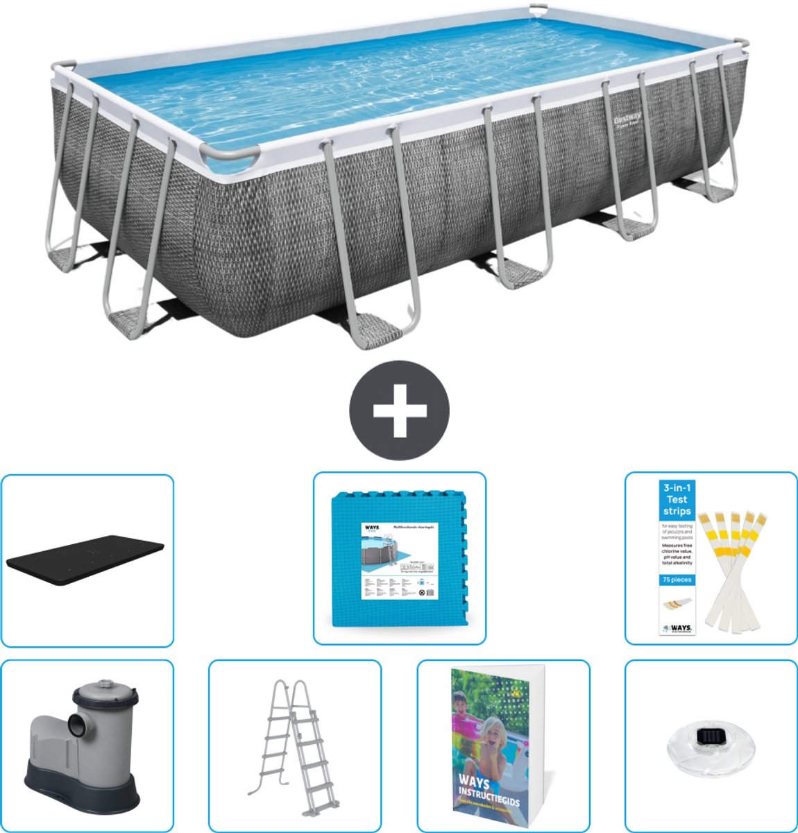 Bestway Rechthoekig Power Steel Zwembad - Rattanprint - 549 x 274 x 122 - Inclusief Pomp - Ladder - Afdekzeil - Vloertegels - Verlichting - 8-delig