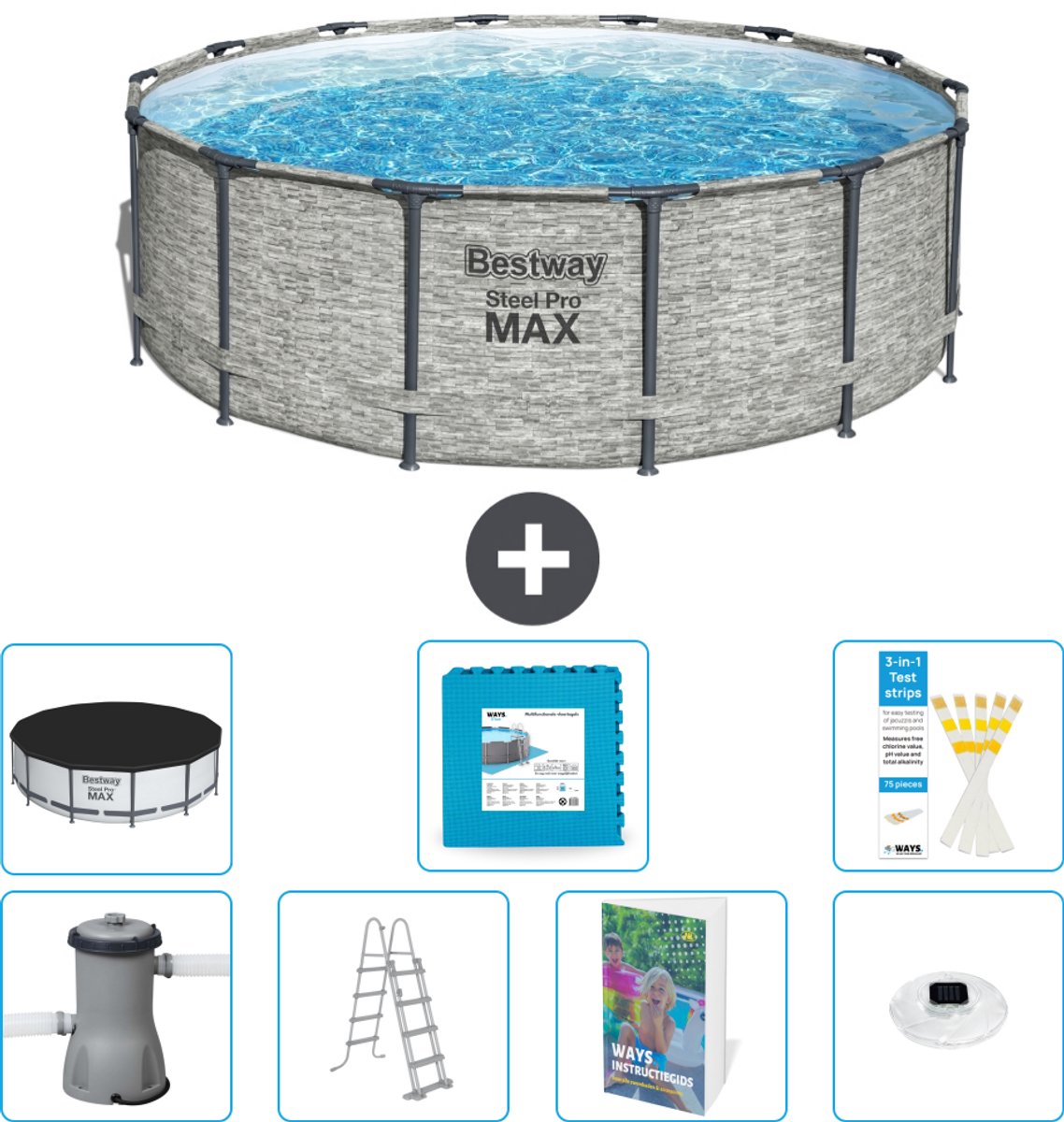 Bestway Rond Steel Pro MAX Zwembad - Steenprint - 427 x 122 cm - Inclusief Pomp - Ladder - Afdekzeil - Vloertegels - Verlichting - 8-delig