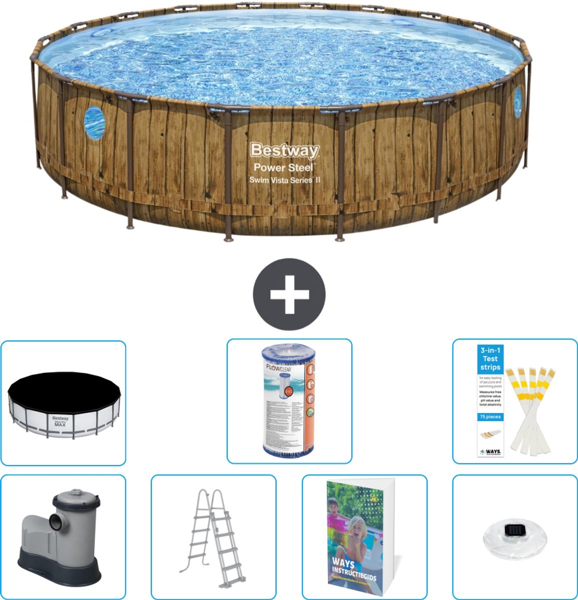 Bestway Rond Power Steel Swim Vista Zwembad - Houtprint - 549 x 122 - Inclusief Pomp - Ladder - Afdekzeil - Filter - Verlichting - 8-delig