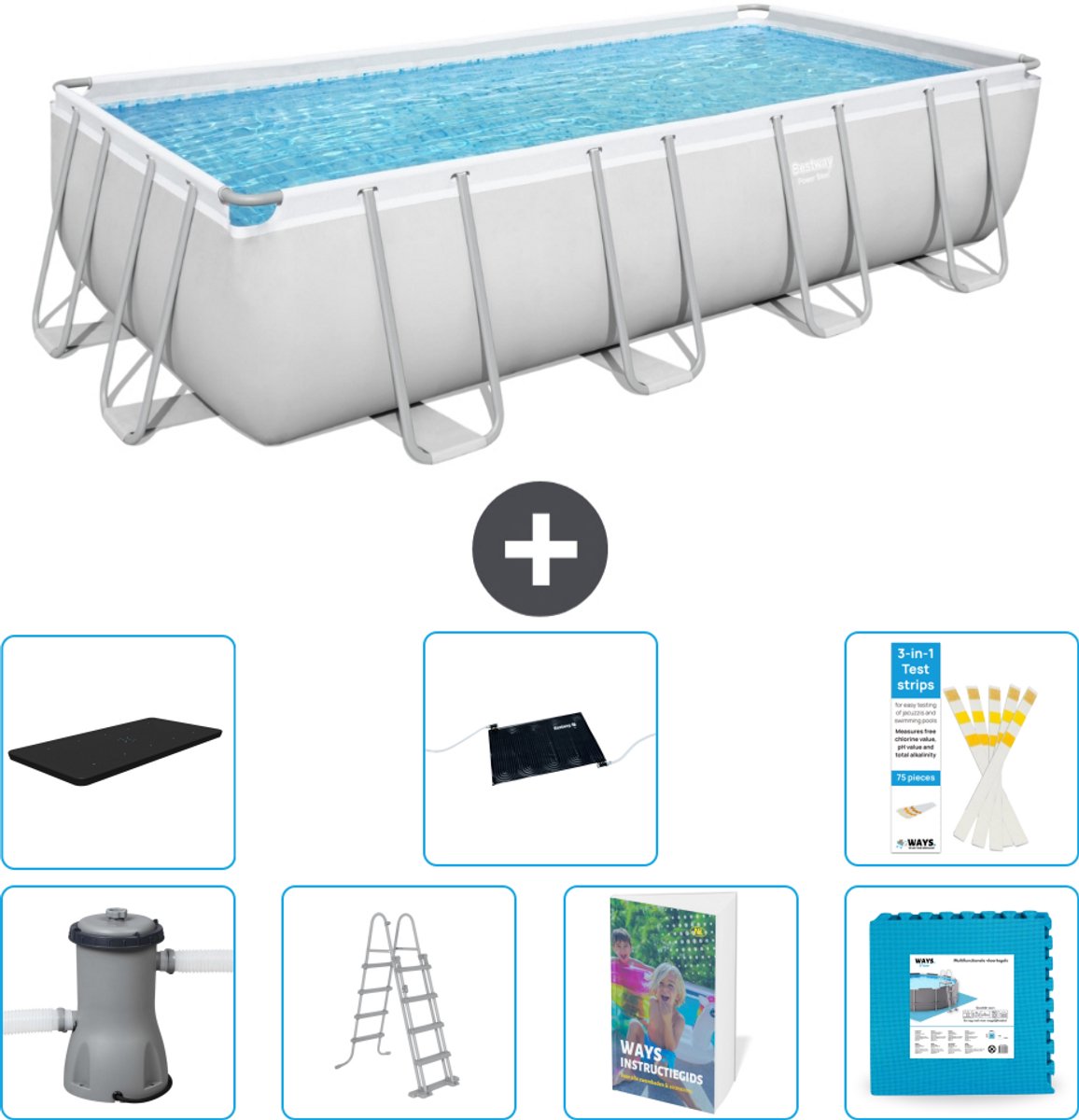 Bestway Rechthoekig Power Steel Zwembad - 488 x 244 x 122 - Grijs Inclusief Pomp - Ladder - Afdekzeil - Solar Mat - Vloertegels - 8-delig