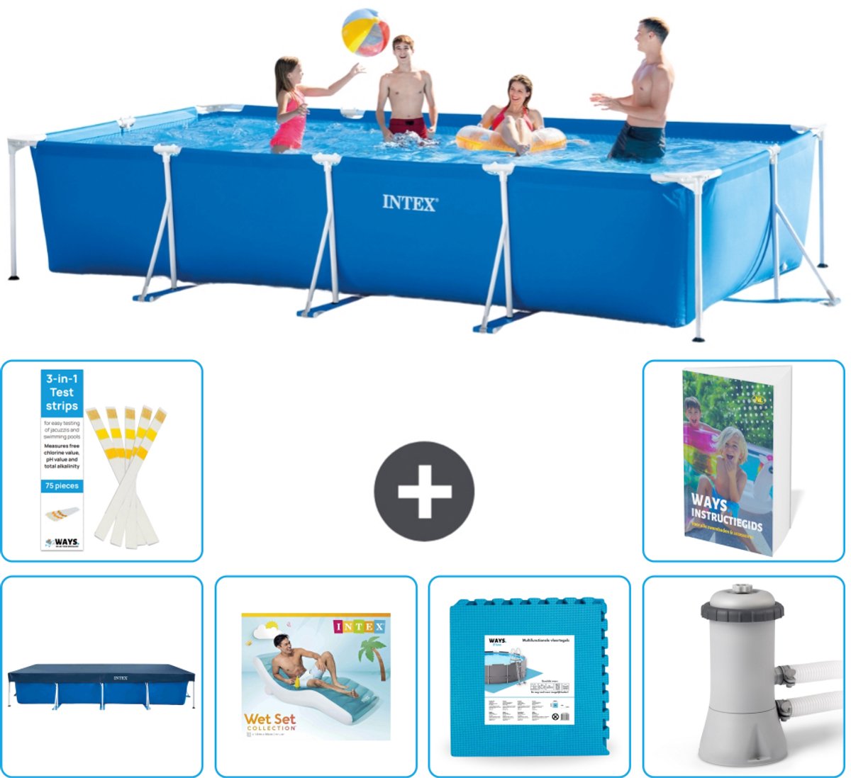 Intex Rechthoekig Frame Zwembad - 450 x 220 x 84 cm - Blauw - Inclusief Afdekzeil - Loungebed - Vloertegels - Zwembadfilterpomp - 7-delig