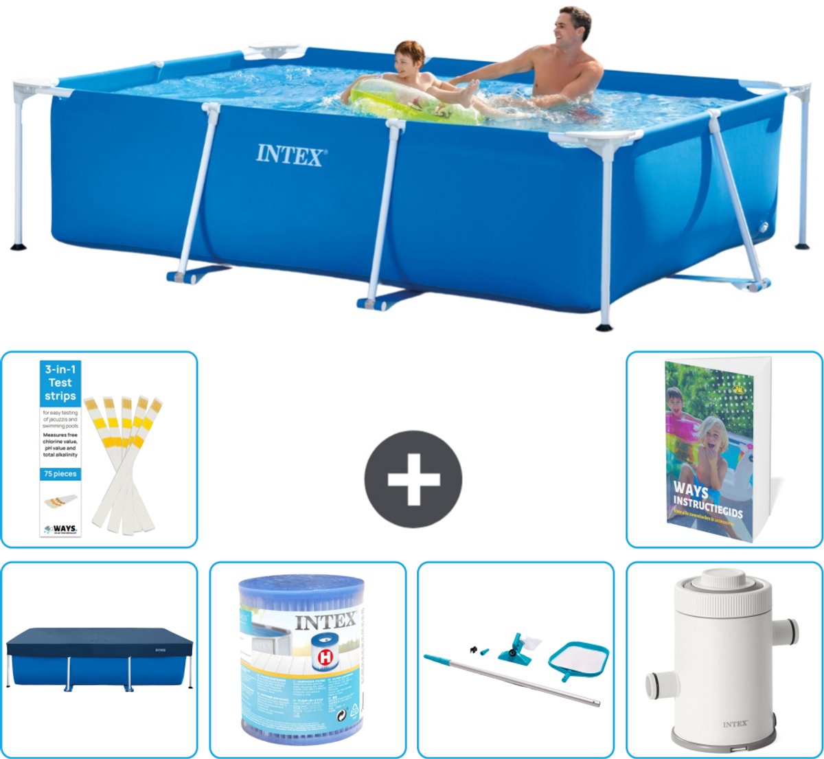 Intex Rechthoekig Frame Zwembad - 260 x 160 x 65 cm - Blauw - Inclusief Afdekzeil - Filter - Schoonmaakset - Zwembadfilterpomp - 7-delig