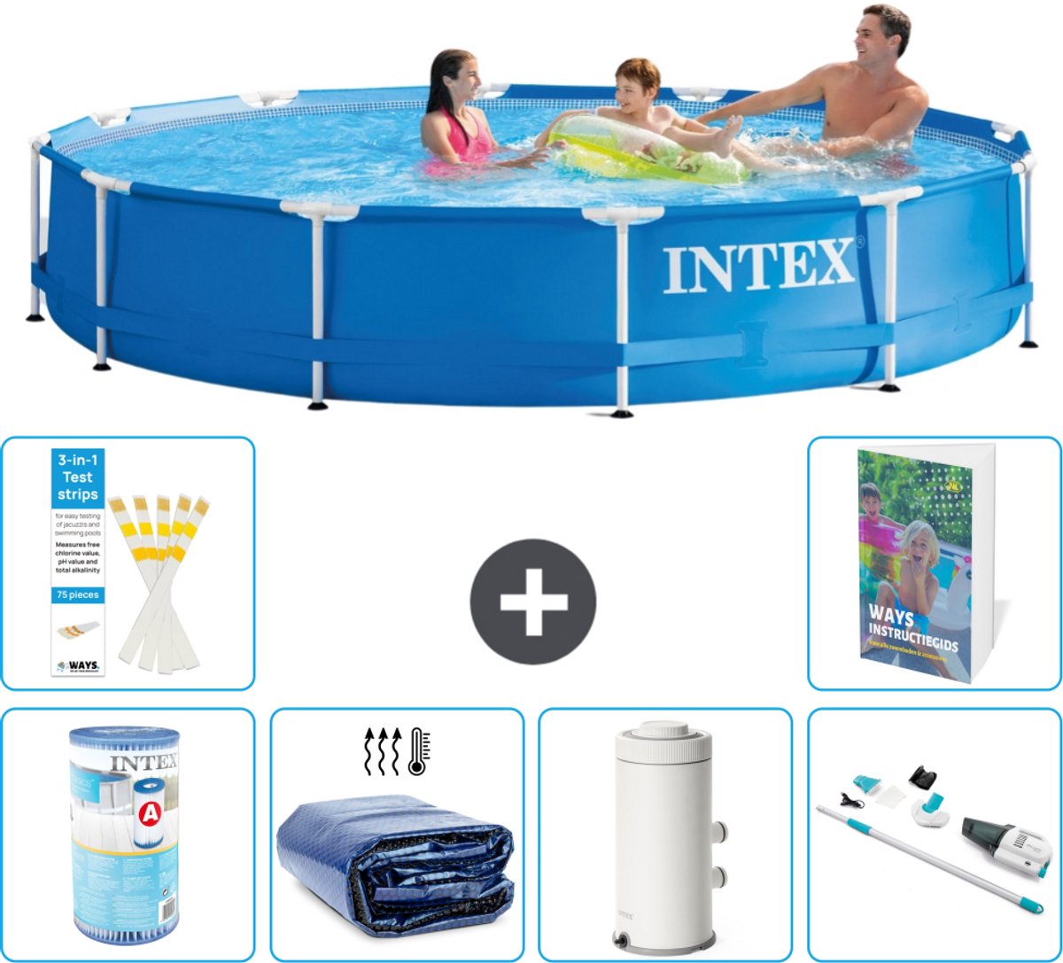 Intex Rond Frame Zwembad - 366 x 76 cm - Blauw - Inclusief Filter - Solarzeil - Zwembadfilterpomp - Stofzuiger - 7-delig