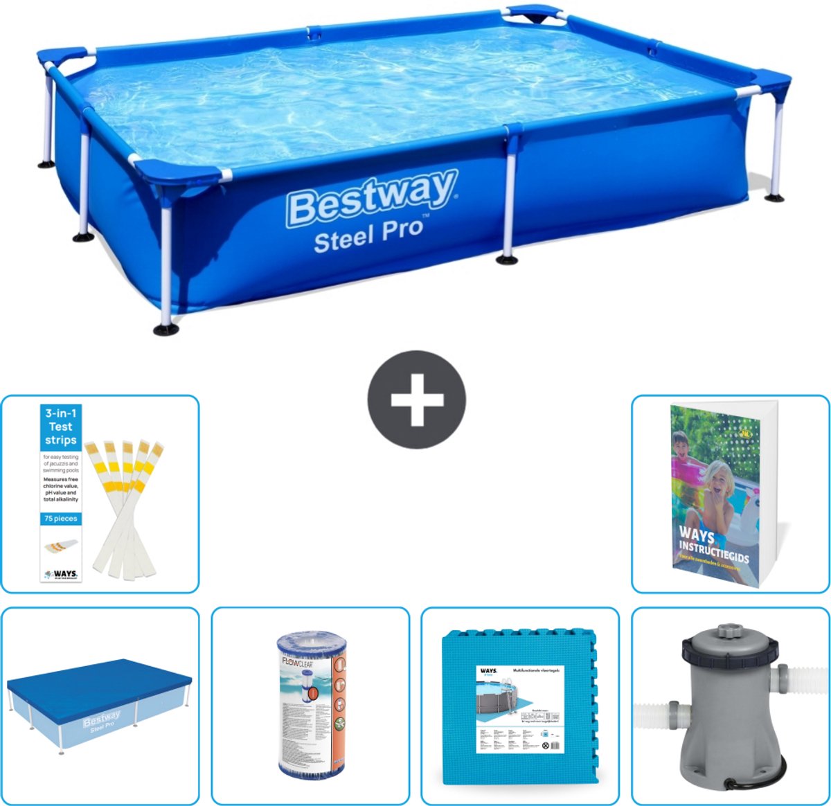 Bestway Rechthoekig Steel Pro Zwembad - 221 x 150 x 43 cm - Blauw - Inclusief Afdekzeil - Filter - Vloertegels - Zwembadfilterpomp - 7-delig