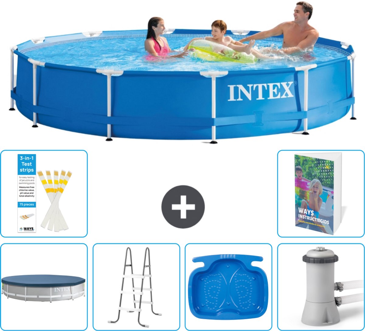 Intex Rond Frame Zwembad - 366 x 76 cm - Blauw - Inclusief Afdekzeil - Ladder - Voetenbad - Zwembadfilterpomp - 7-delig
