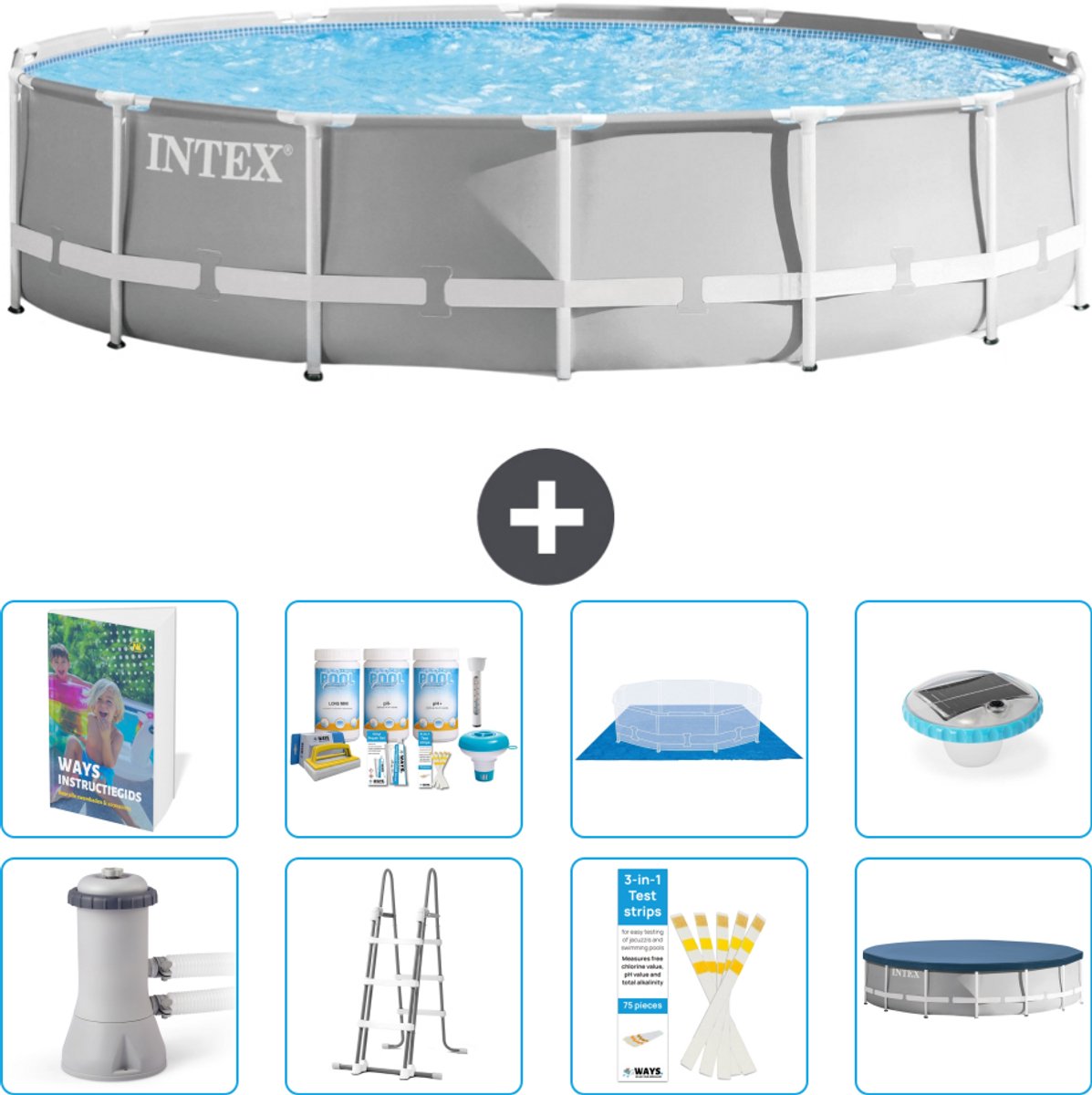 Intex Rond Prism Frame Zwembad - 427 x 107 cm - Grijs - Inclusief Pomp - Ladder - Grondzeil - Afdekzeil - Onderhoudspakket - Verlichting - 9-delig