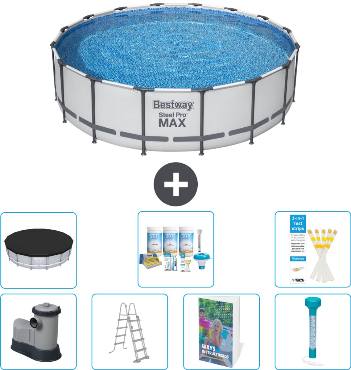 Bestway Rond Steel Pro MAX Zwembad - 488 x 122 cm - Grijs - Inclusief Pomp - Ladder - Afdekzeil - Onderhoudspakket - Thermometer - 8-delig