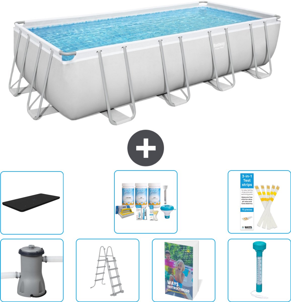Bestway Rechthoekig Power Steel Zwembad - 488 x 244 x 122 - Grijs Inclusief Pomp - Ladder - Afdekzeil - Onderhoudspakket - Thermometer - 8-delig