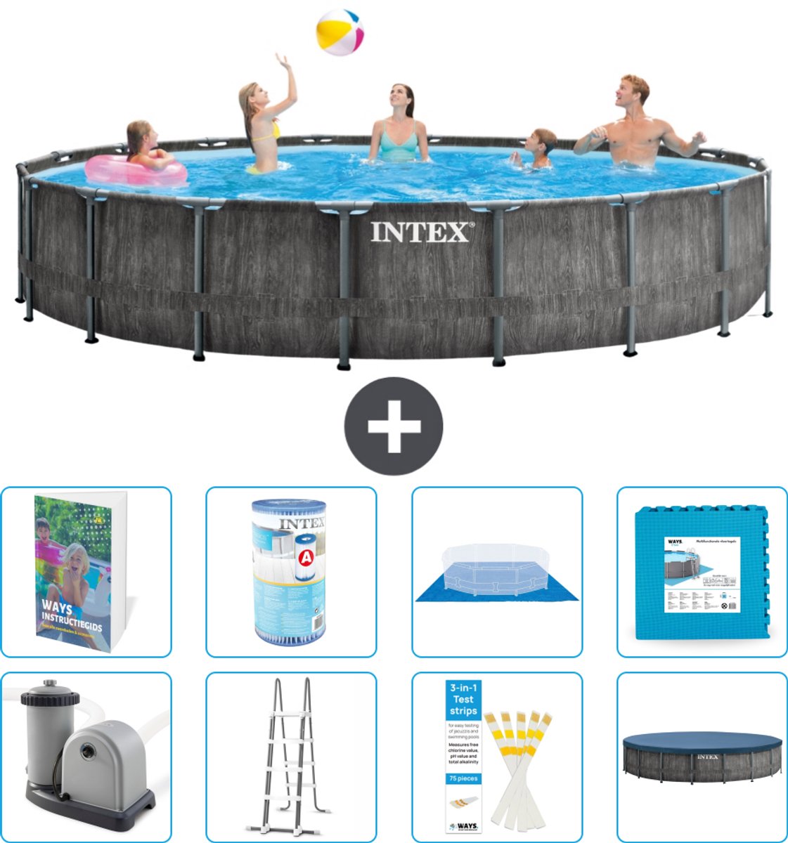 Intex Rond Prism Frame Greywood Zwembad - 549 x 122 cm - Inclusief Pomp - Ladder - Grondzeil - Afdekzeil - Filter - Vloertegels - 9-delig