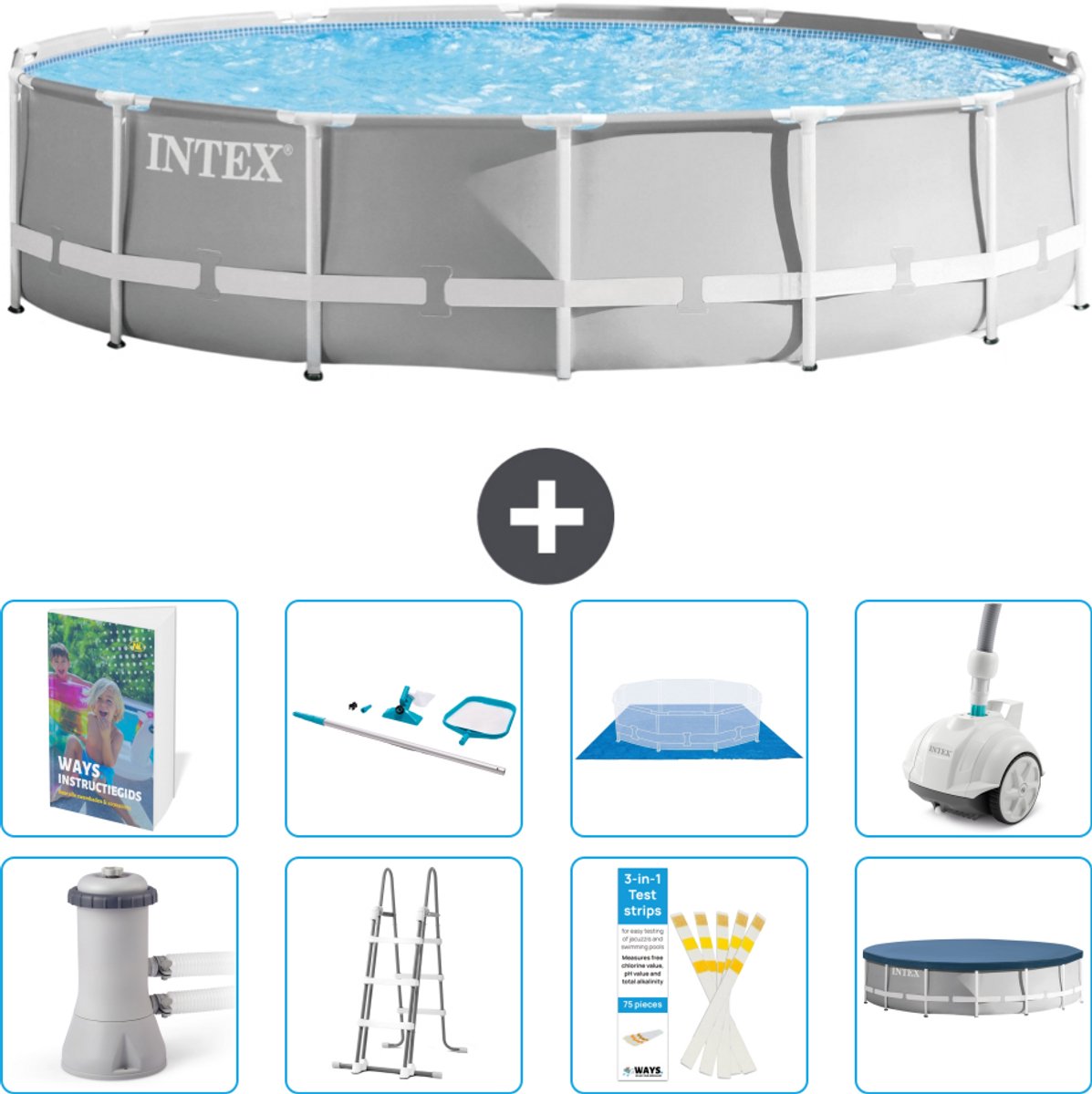 Intex Rond Prism Frame Zwembad - 427 x 107 cm - Grijs - Inclusief Pomp - Ladder - Grondzeil - Afdekzeil - Schoonmaakset - Stofzuiger - 9-delig