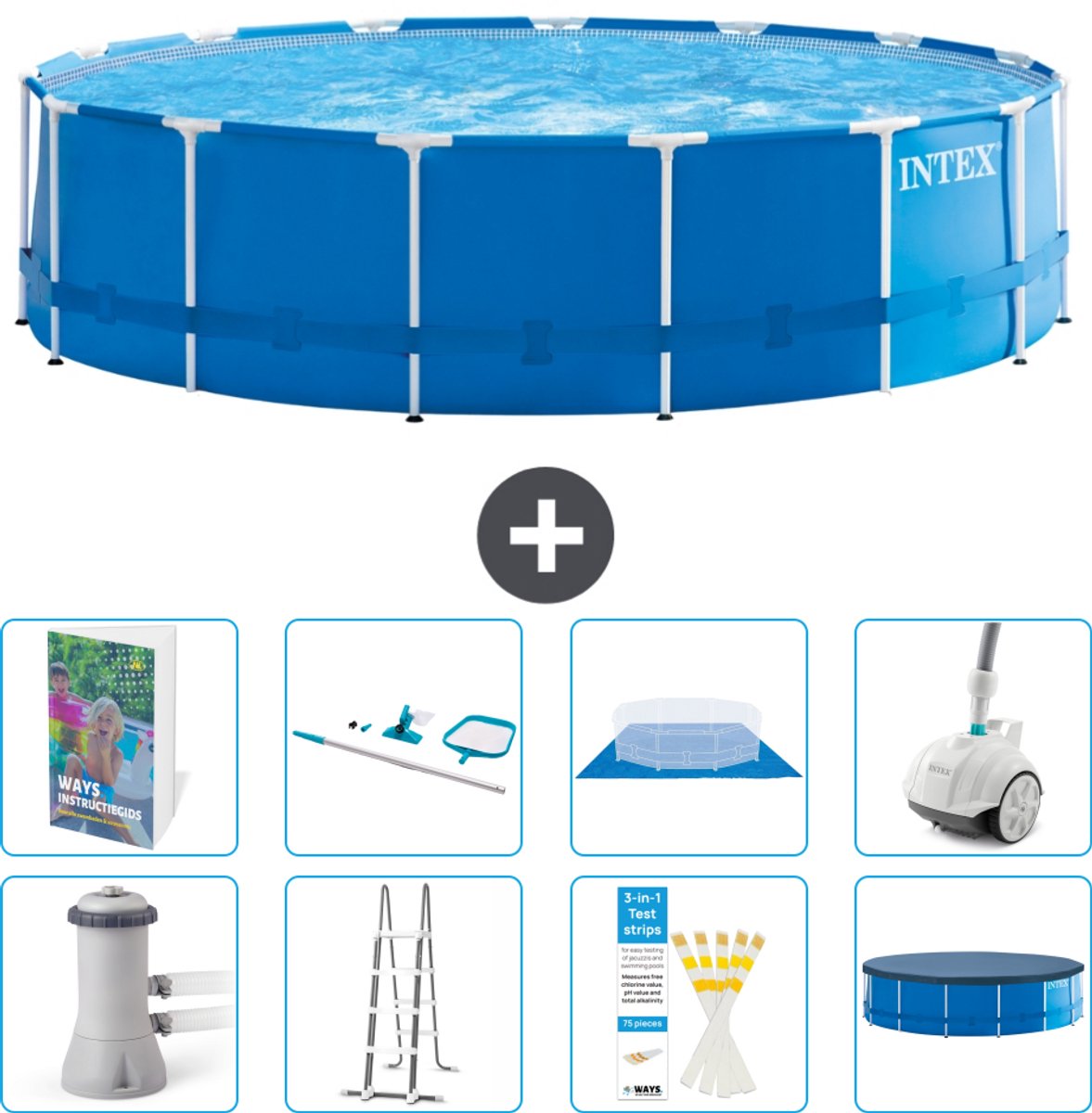 Intex Rond Frame Zwembad - 457 x 122 cm - Blauw - Inclusief Pomp - Ladder - Grondzeil - Afdekzeil - Schoonmaakset - Stofzuiger - 9-delig