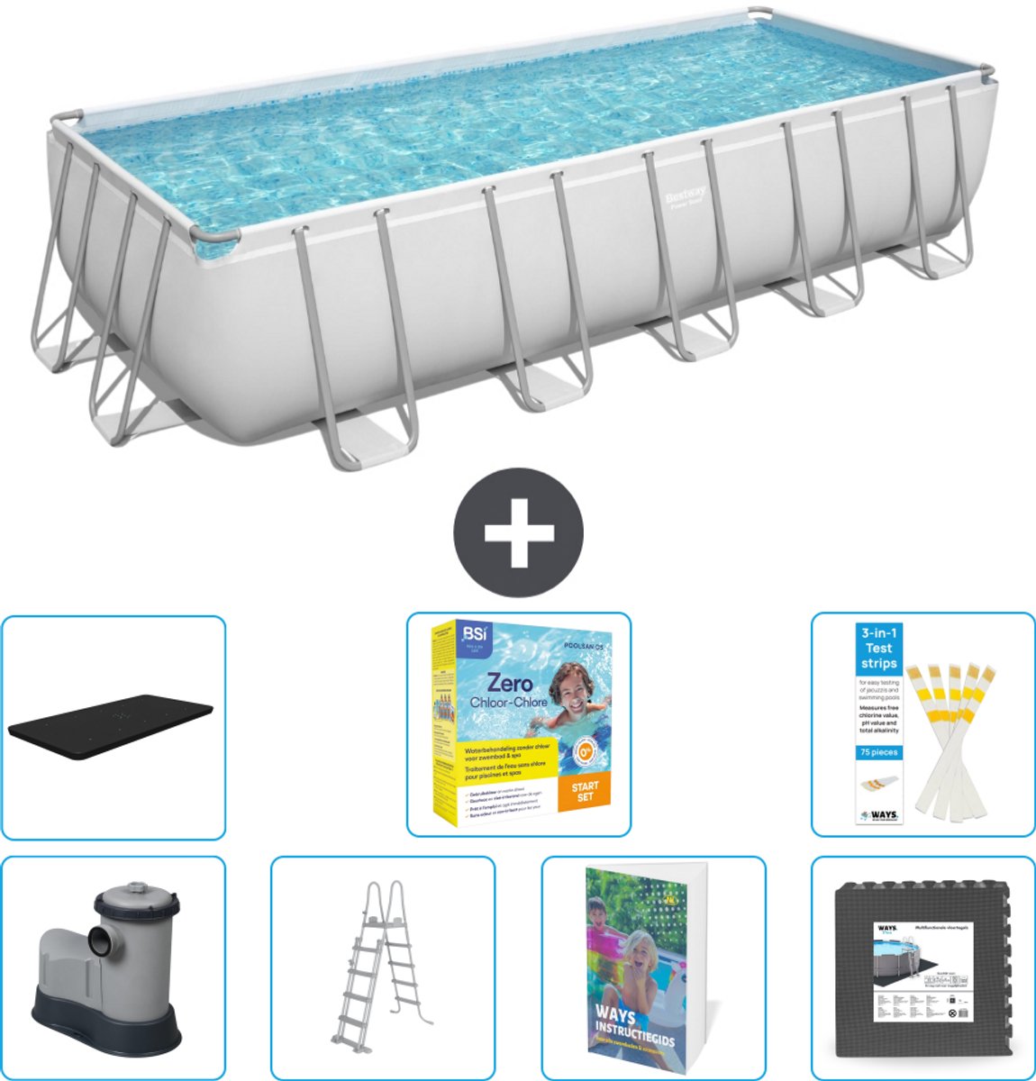 Bestway Rechthoekig Power Steel Zwembad - 640 x 274 x 132 - Grijs - Inclusief Pomp - Ladder - Afdekzeil - Onderhoudspakket - Vloertegels - 8-delig