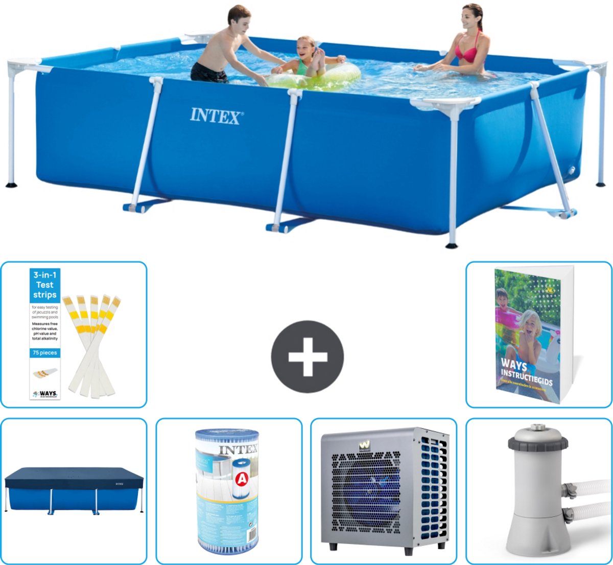 Intex Rechthoekig Frame Zwembad - 300 x 200 x 75 cm - Blauw - Inclusief Afdekzeil - Filter - Warmtepomp - Zwembadfilterpomp - 7-delig