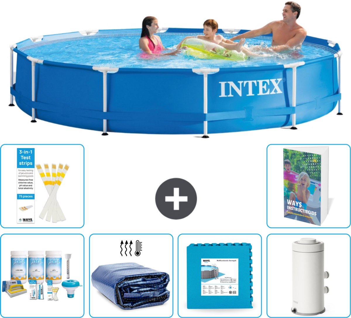 Intex Rond Frame Zwembad - 366 x 76 cm - Blauw - Inclusief Onderhoudspakket - Solarzeil - Vloertegels - Zwembadfilterpomp - 7-delig