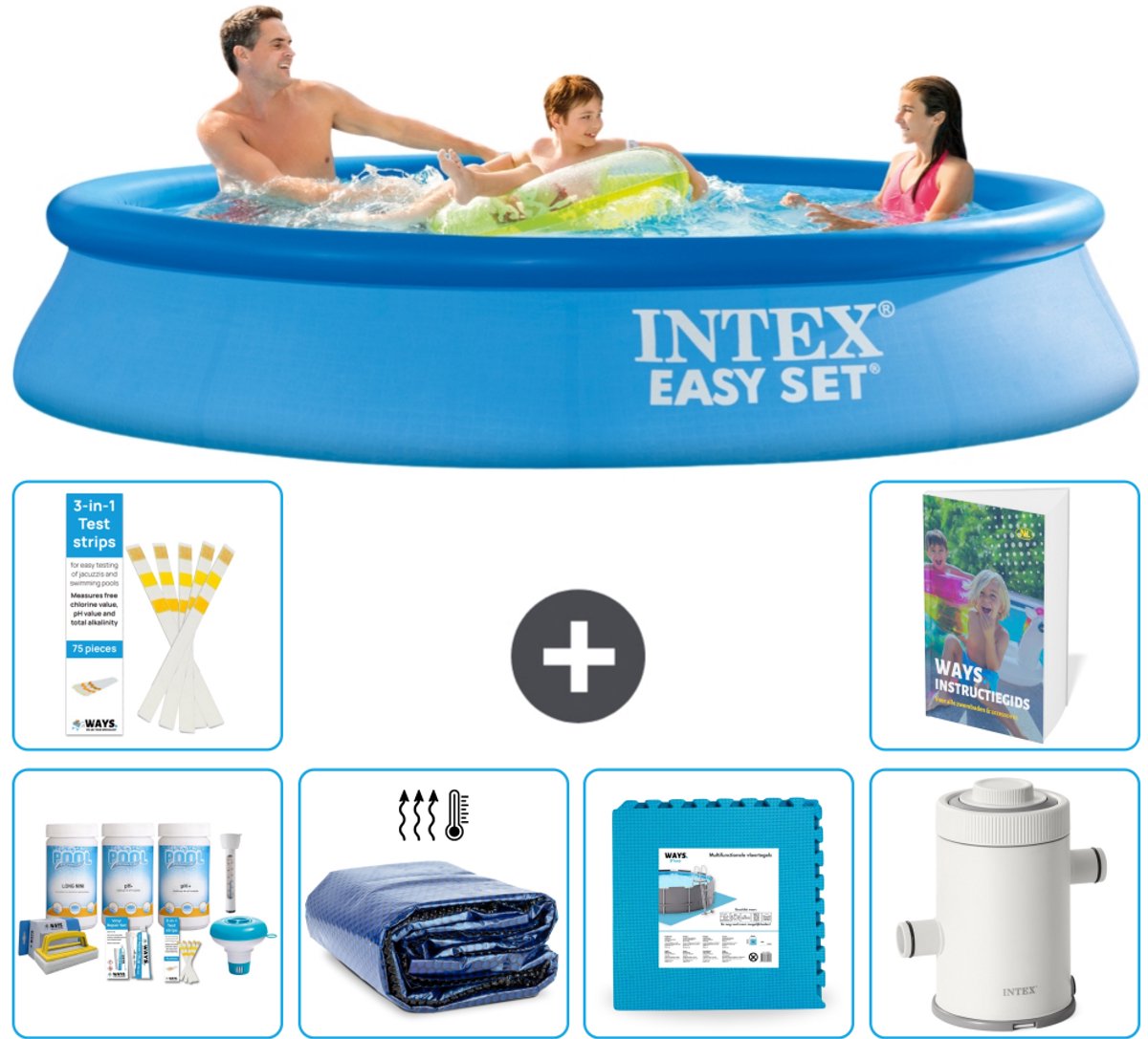 Intex Rond Opblaasbaar Easy Set Zwembad - 305 x 61 cm - Blauw - Inclusief Onderhoudspakket - Solarzeil - Vloertegels - Zwembadfilterpomp - 7-delig