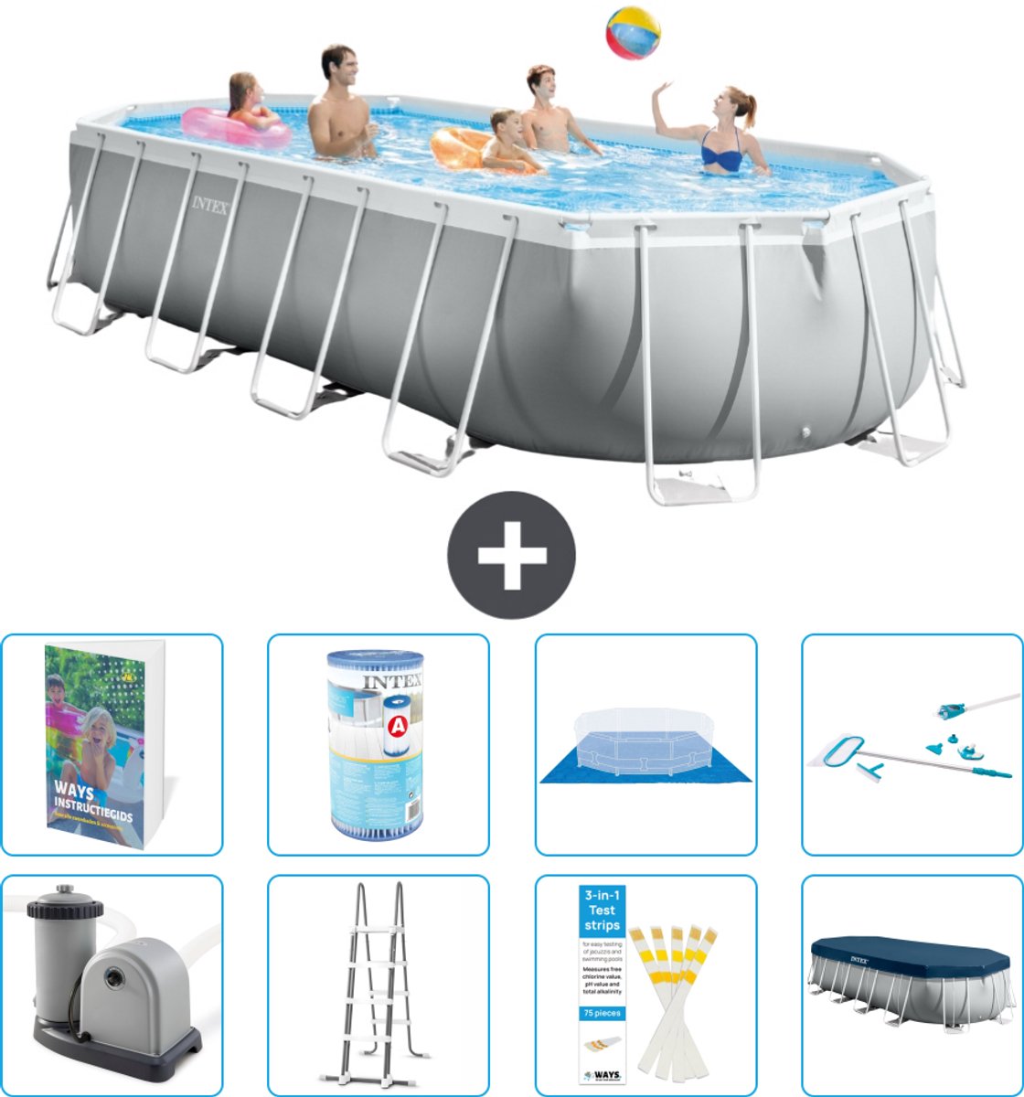 Intex Ovaal Prism Frame Zwembad - 610 x 305 x 122 cm - Grijs - Inclusief Pomp - Ladder - Grondzeil - Afdekzeil - Filter - Schoonmaakset - 9-delig