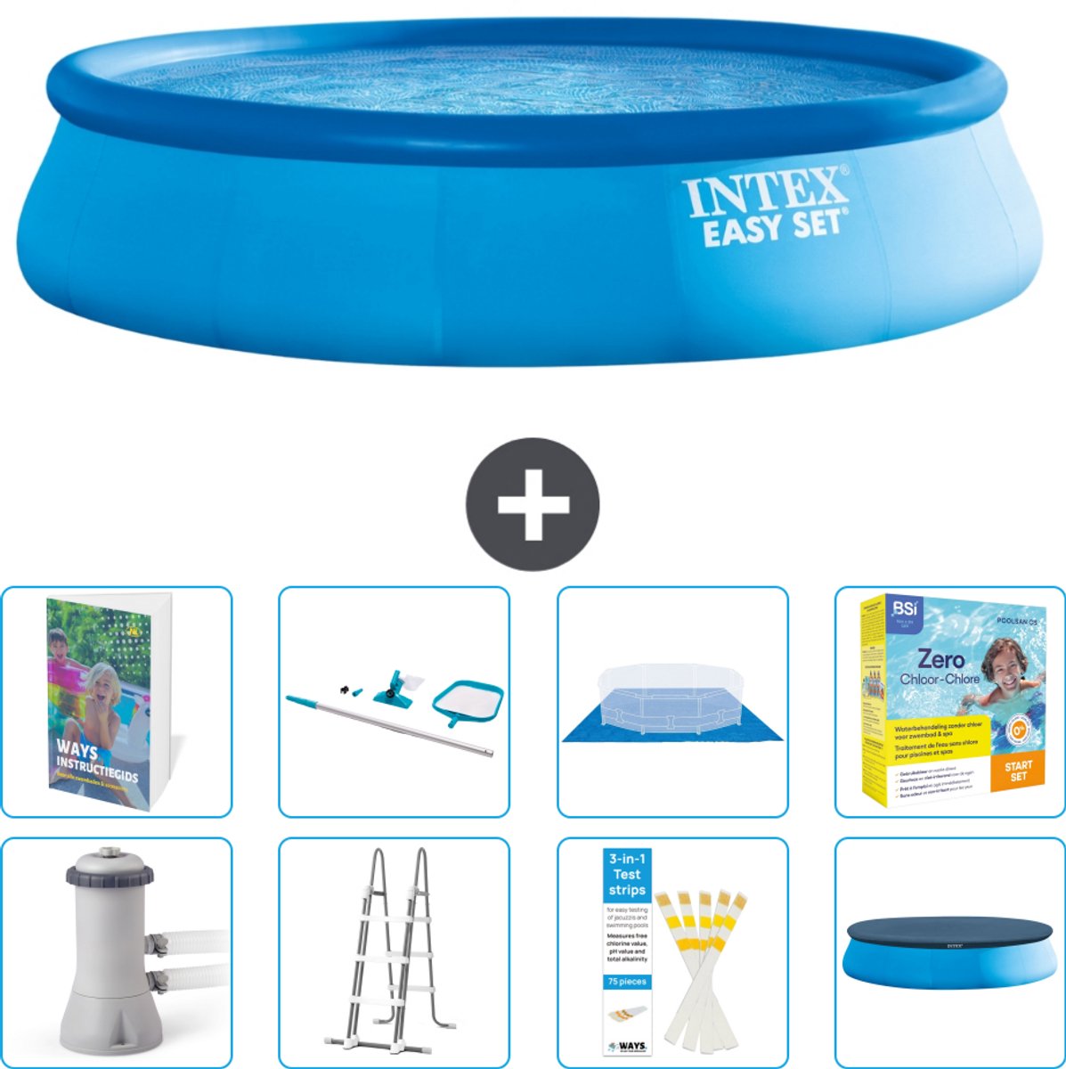 Intex Rond Opblaasbaar Easy Set Zwembad - 457 x 107 cm - Blauw - Inclusief Pomp - Ladder - Grondzeil - Afdekzeil - Schoonmaakset - Onderhoudspakket - 9-delig