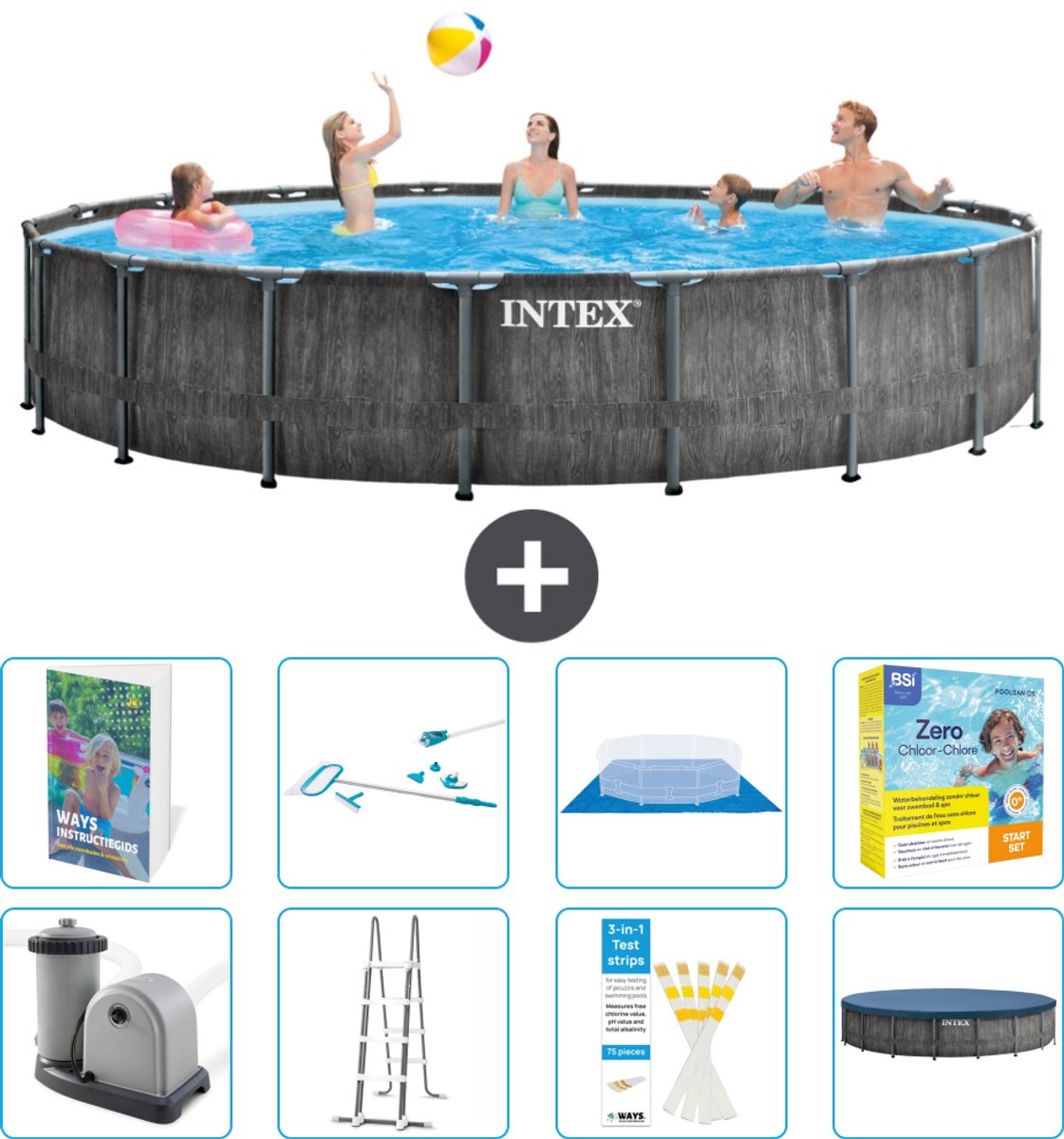 Intex Rond Prism Frame Greywood Zwembad - 549 x 122 cm - Inclusief Pomp - Ladder - Grondzeil - Afdekzeil - Schoonmaakset - Onderhoudspakket - 9-delig