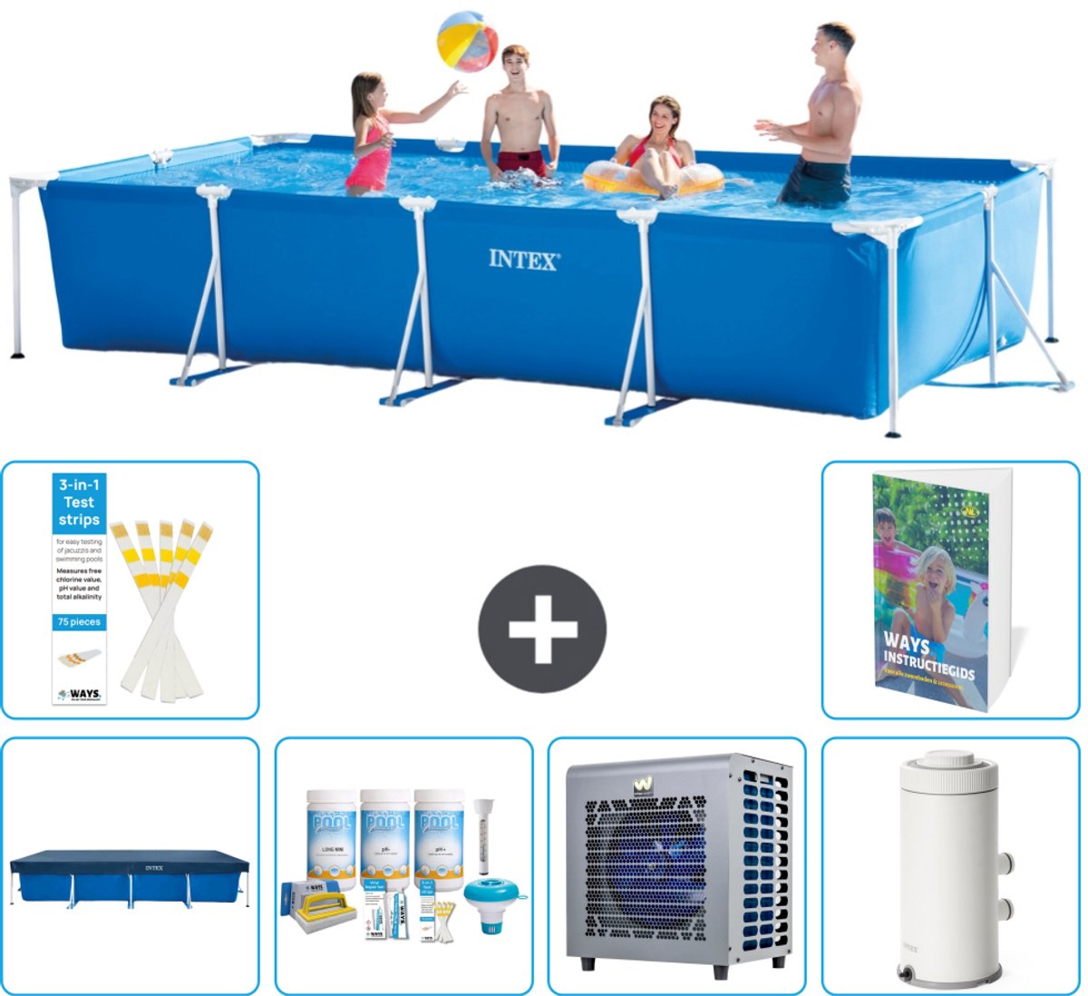 Intex Rechthoekig Frame Zwembad - 450 x 220 x 84 cm - Blauw - Inclusief Afdekzeil - Onderhoudspakket - Warmtepomp - Zwembadfilterpomp - 7-delig