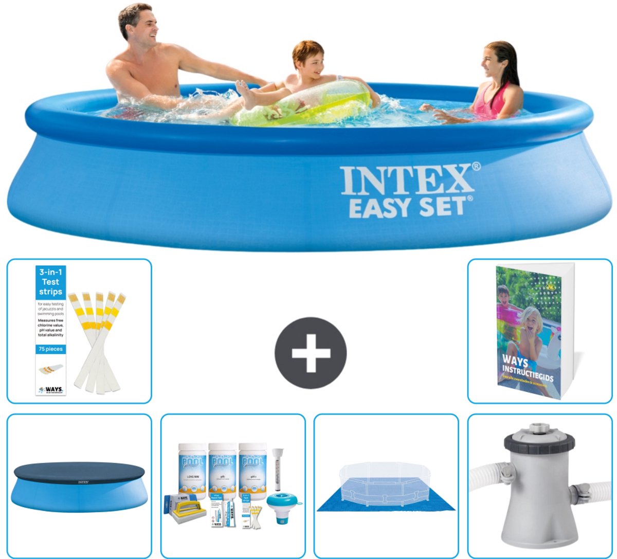 Intex Rond Opblaasbaar Easy Set Zwembad - 305 x 61 cm - Blauw - Inclusief Afdekzeil - Onderhoudspakket - Grondzeil - Zwembadfilterpomp - 7-delig