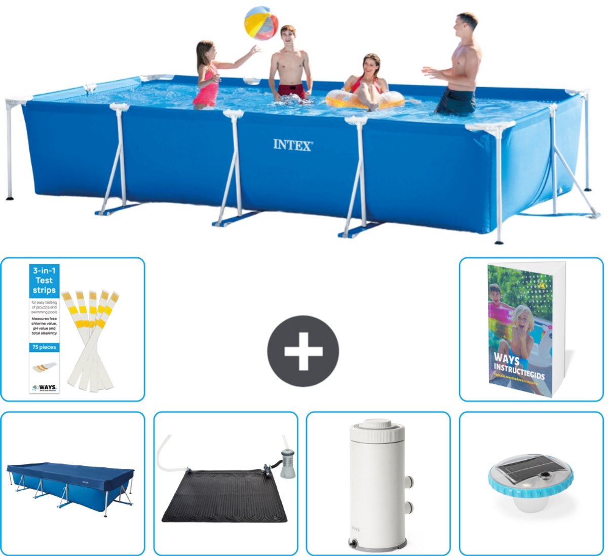 Intex Rechthoekig Frame Zwembad - 450 x 220 x 84 cm - Blauw - Inclusief Afdekzeil - Solar Mat - Zwembadfilterpomp - Verlichting - 7-delig