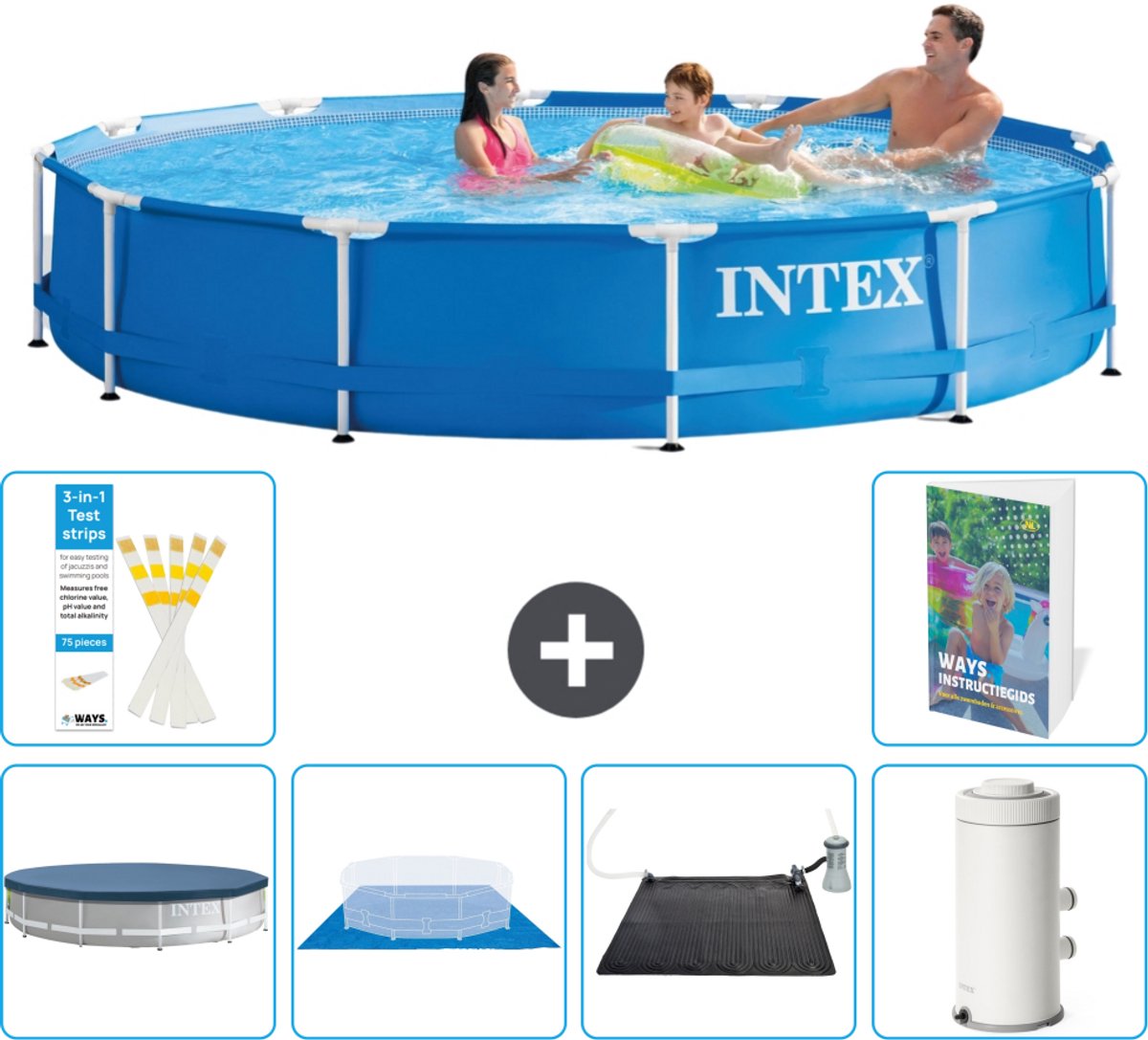 Intex Rond Frame Zwembad - 366 x 76 cm - Blauw - Inclusief Afdekzeil - Grondzeil - Solar Mat - Zwembadfilterpomp - 7-delig