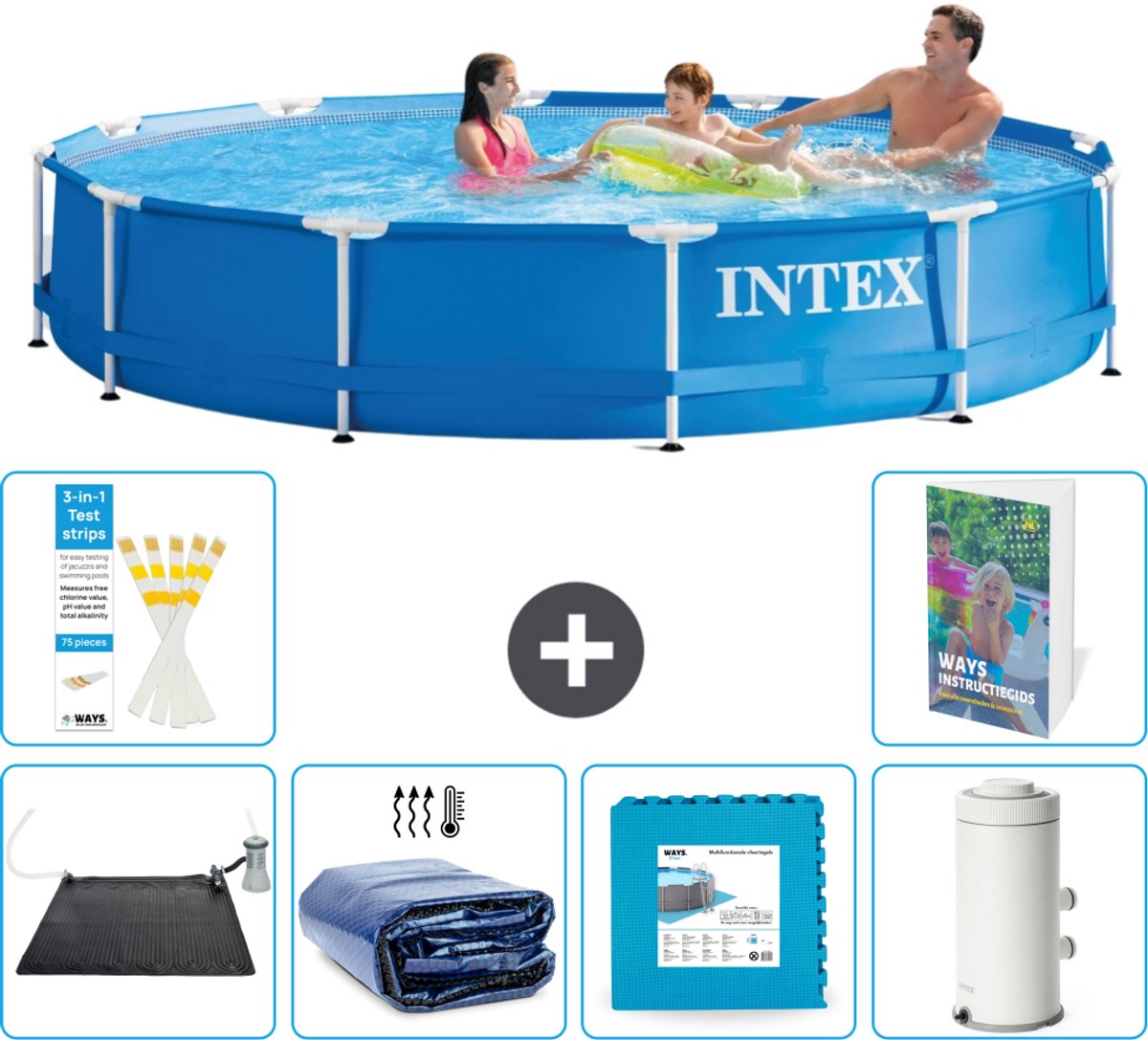 Intex Rond Frame Zwembad - 366 x 76 cm - Blauw - Inclusief Solar Mat - Solarzeil - Vloertegels - Zwembadfilterpomp - 7-delig