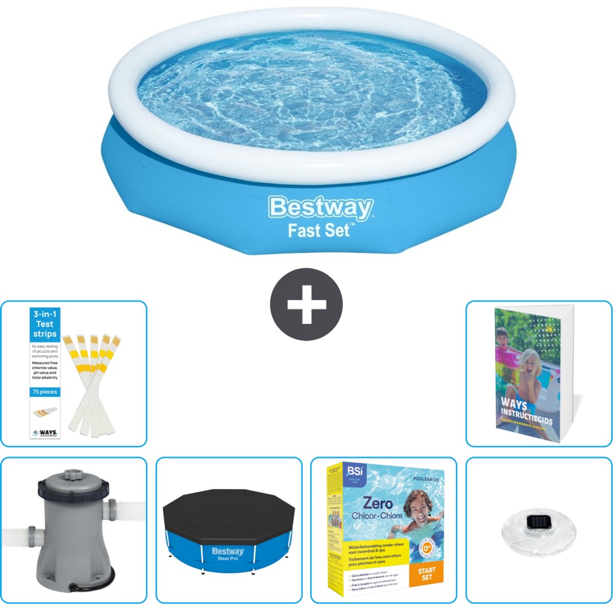 Bestway Rond Opblaasbaar Fast Set Zwembad - 305 x 66 cm - Blauw - Inclusief Pomp - Afdekzeil - Onderhoudspakket - Verlichting - 7-delig