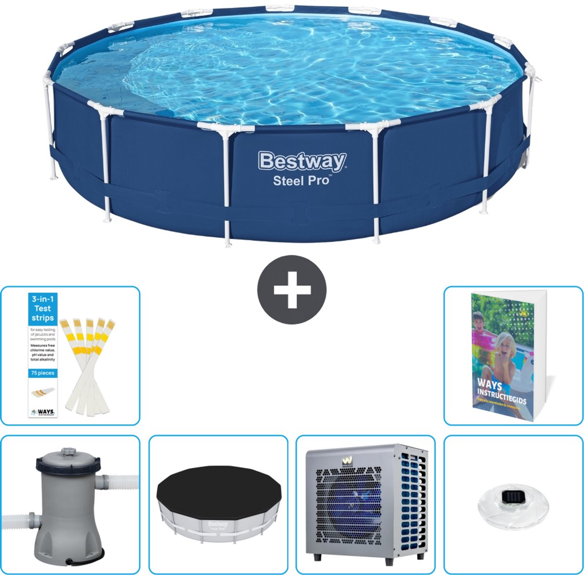 Bestway Rond Steel Pro Zwembad - 396 x 84 cm - Blauw - Inclusief Pomp - Afdekzeil - Warmtepomp - Verlichting - 7-delig