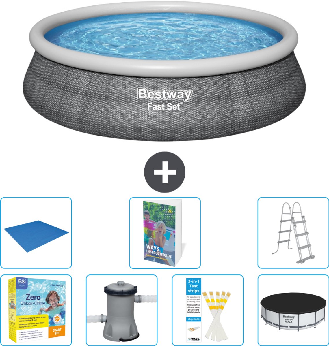 Bestway Rond Opblaasbaar Fast Set Zwembad - Rotanprint - 457 x 107 cm - Inclusief Pomp - Ladder - Afdekzeil - Grondzeil - Onderhoudspakket - 8-delig
