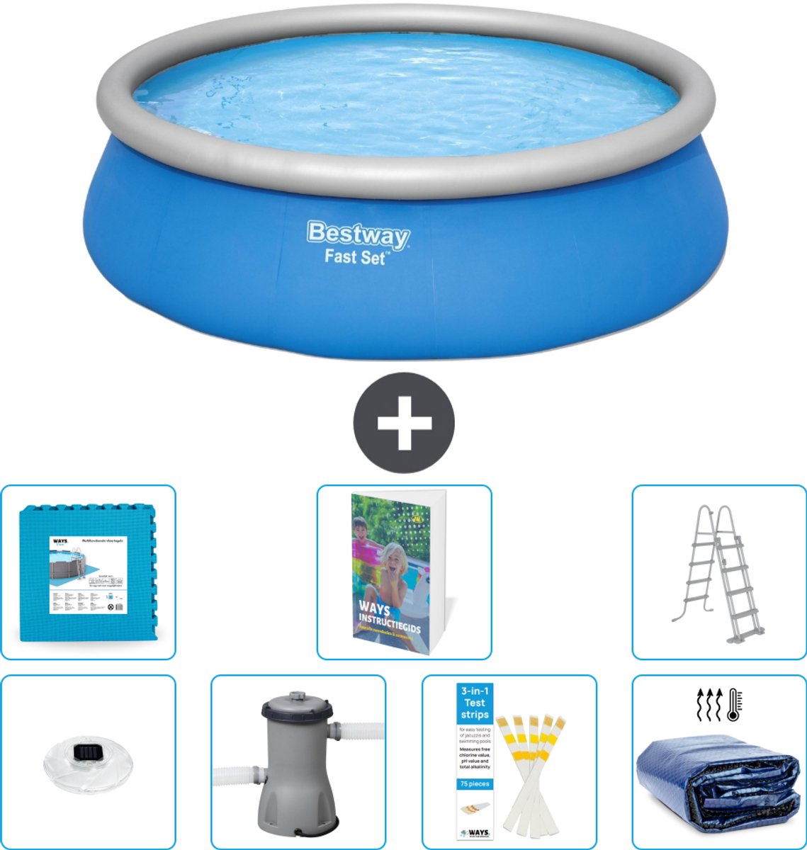 Bestway Rond Opblaasbaar Fast Set Zwembad - 457 x 122 cm - Blauw - Inclusief Pomp - Ladder - Solarzeil - Vloertegels - Verlichting - 8-delig