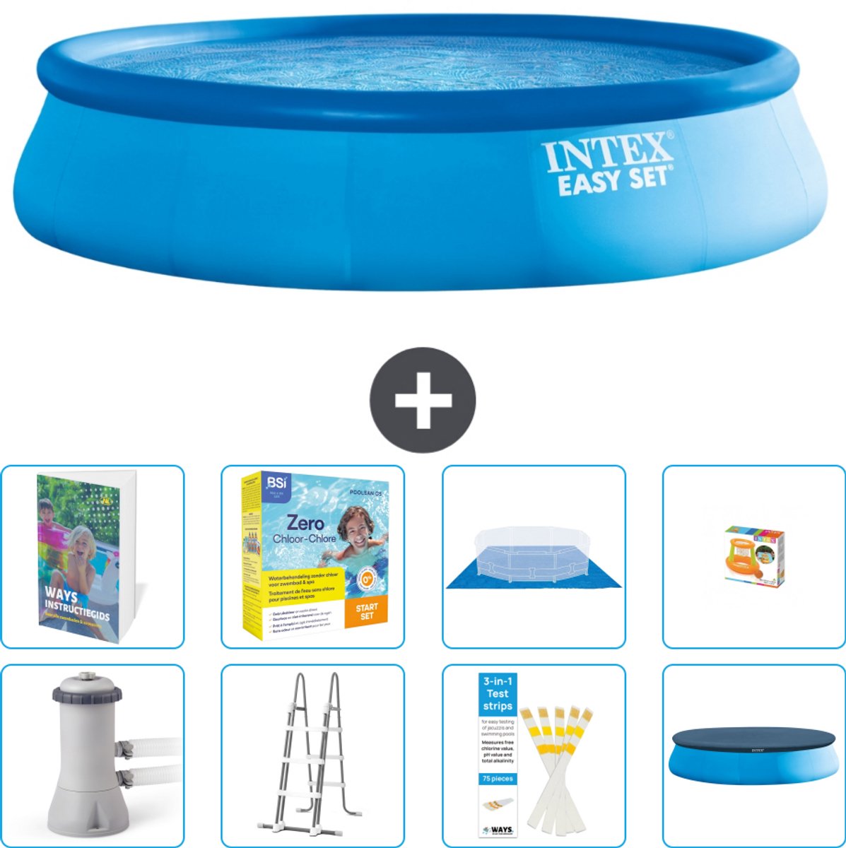 Intex Rond Opblaasbaar Easy Set Zwembad - 457 x 107 cm - Blauw - Inclusief Pomp - Ladder - Grondzeil - Afdekzeil - Onderhoudspakket - Speelgoed - 9-delig