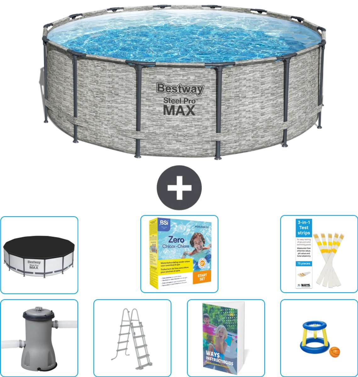 Bestway Rond Steel Pro MAX Zwembad - Steenprint - 427 x 122 cm - Inclusief Pomp - Ladder - Afdekzeil - Onderhoudspakket - Speelgoed - 8-delig