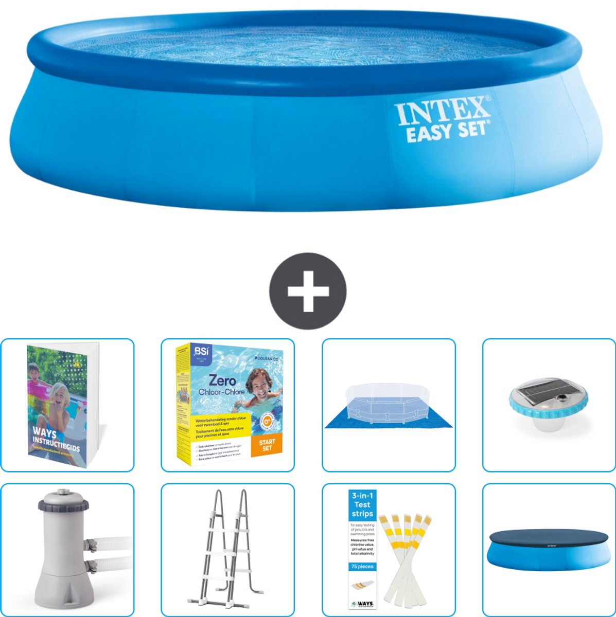 Intex Rond Opblaasbaar Easy Set Zwembad - 457 x 107 cm - Blauw - Inclusief Pomp - Ladder - Grondzeil - Afdekzeil - Onderhoudspakket - Verlichting - 9-delig