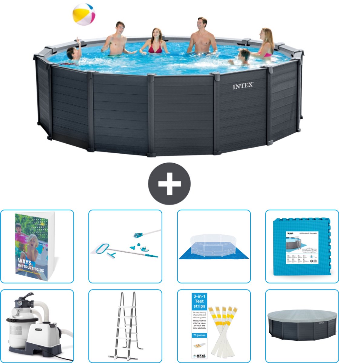 Intex Rond Graphite Gray Panel Zwembad - 478 x 124 cm - Inclusief Pomp - Ladder - Grondzeil - Afdekzeil - Schoonmaakset - Vloertegels - 9-delig