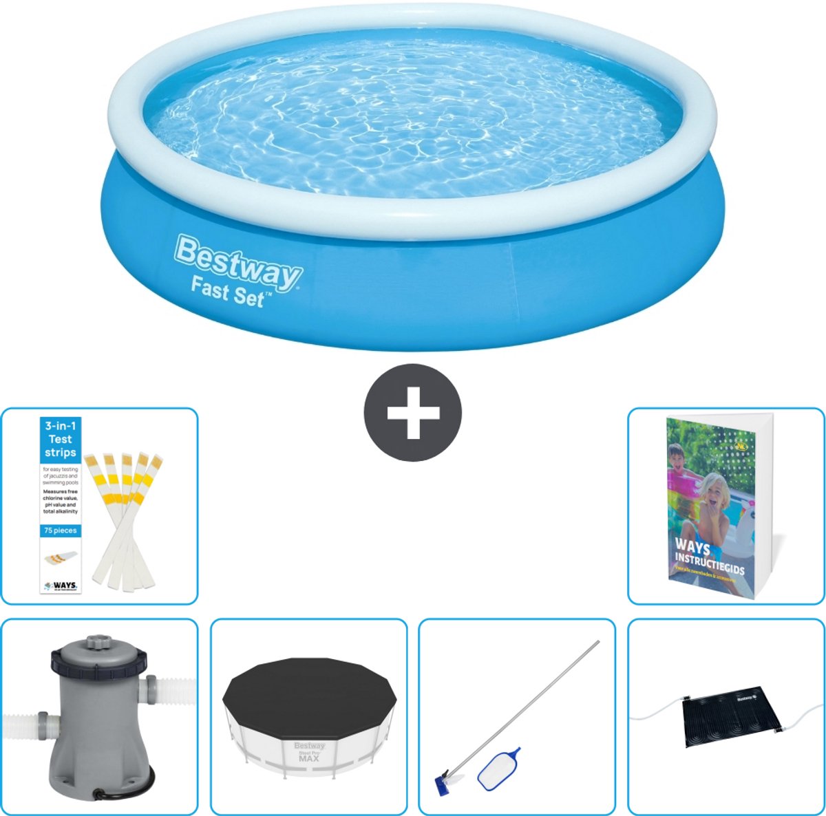 Bestway Rond Opblaasbaar Fast Set Zwembad - 366 x 76 cm - Blauw - Inclusief Pomp - Afdekzeil - Schoonmaakset - Solar Mat - 7-delig