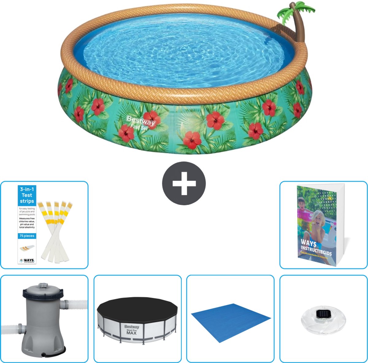 Bestway Rond Opblaasbaar Fast Set Zwembad - Paradijsprint - 457 x 84 cm - Inclusief Pomp - Afdekzeil - Grondzeil - Verlichting - 7-delig