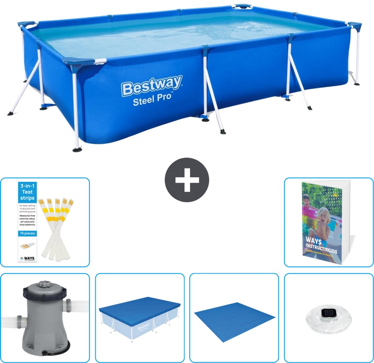 Bestway Rechthoekig Steel Pro Zwembad - 300 x 201 x 66 cm - Blauw - Inclusief Pomp - Afdekzeil - Grondzeil - Verlichting - 7-delig
