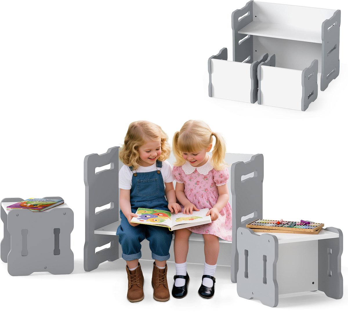 COSTWAY Kindertafel met 2 stoelen, 6-in-1 schildertafel, kinderbank en kinderbureau, 3-delige ruimtebesparende kinderzitgroep van hout, kindertafel stoelset voor peuters vanaf 3 jaar (grijs)