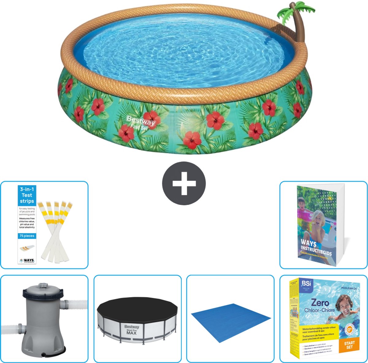 Bestway Rond Opblaasbaar Fast Set Zwembad - Paradijsprint - 457 x 84 cm - Inclusief Pomp - Afdekzeil - Grondzeil - Onderhoudspakket - 7-delig