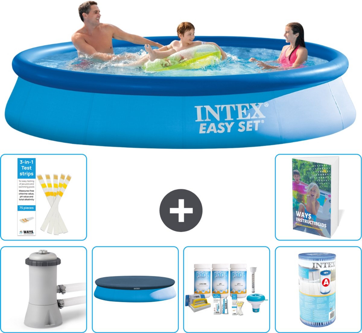 Intex Rond Opblaasbaar Easy Set Zwembad - 366 x 76 cm - Blauw - Inclusief Pomp - Afdekzeil - Onderhoudspakket - Filter - 7-delig