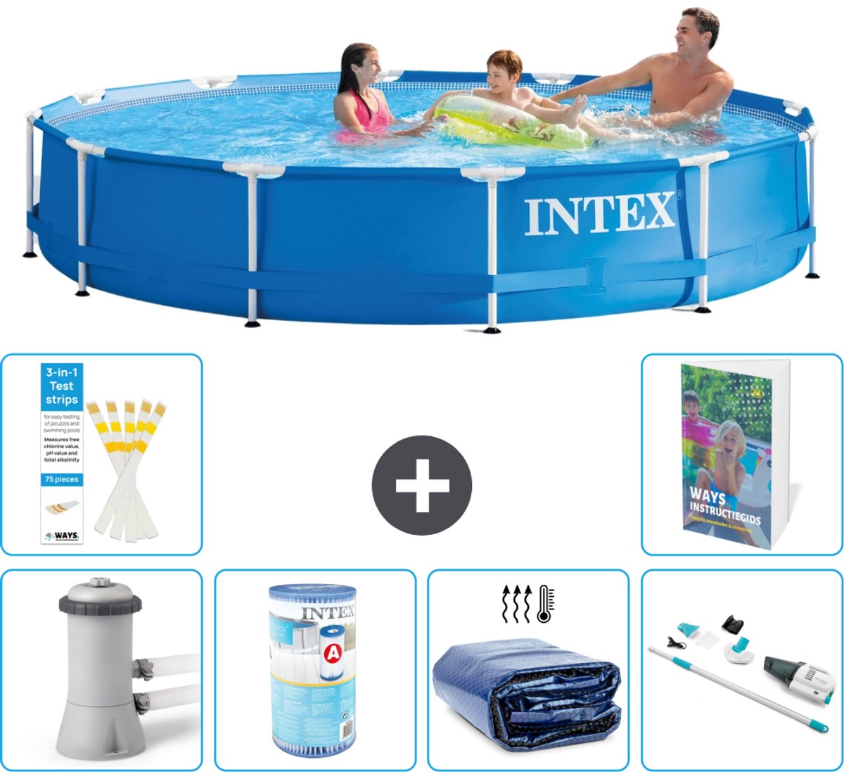 Intex Rond Frame Zwembad - 366 x 76 cm - Blauw - Inclusief Pomp - Filter - Solarzeil - Stofzuiger - 7-delig