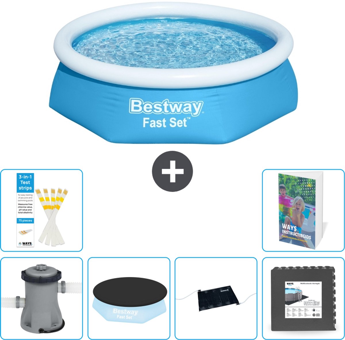 Bestway Rond Opblaasbaar Fast Set Zwembad - 244 x 61 cm - Blauw - Inclusief Pomp - Afdekzeil - Solar Mat - Vloertegels - 7-delig